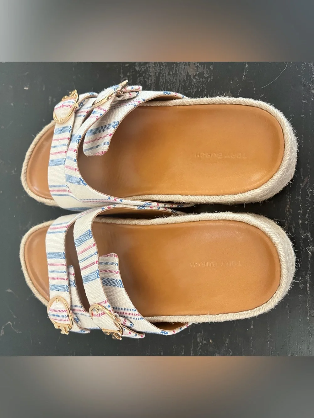 Tory Burch Striped Canvas Double-Buckle Slide Sandals size 8 selby
